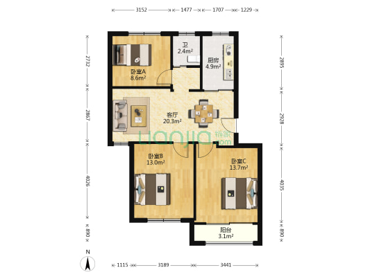 横港新家园 3室1厅1卫 83平方