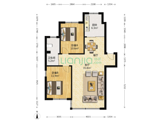 中房上东花墅 2室1厅1卫 90平方