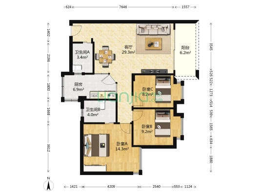 东怡新区东景园 3室1厅2卫 97平方