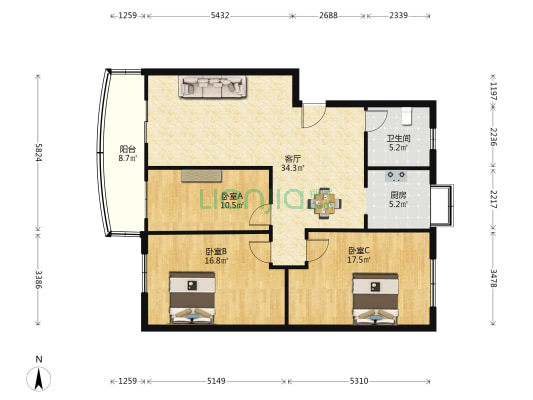 物产控制集团公司小区 3室1厅1卫 117平方