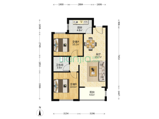荣盛紫竹苑北区 2室1厅1卫 83平方