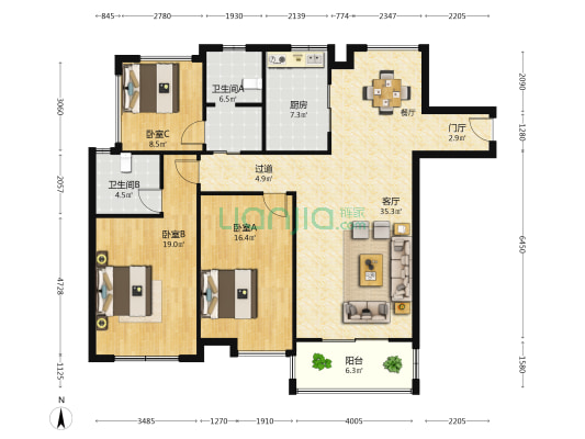 水榭花城 3室1厅2卫 128平方