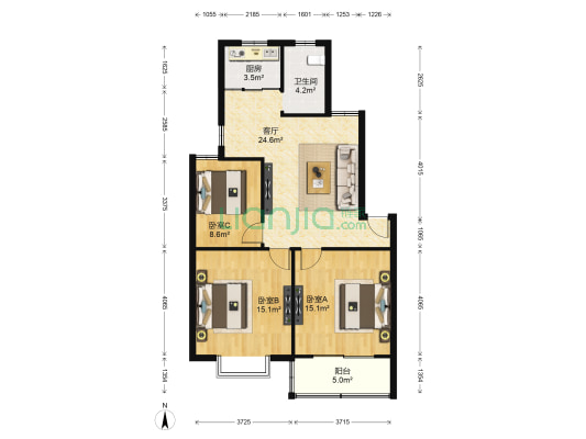 殷巷新寓124至187幢 3室1厅1卫 94平方