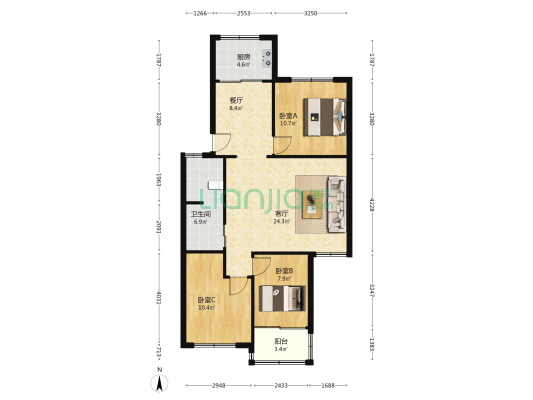 管道四区 3室2厅1卫 86平方