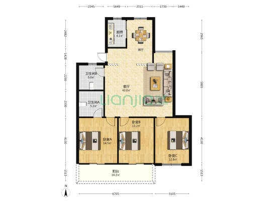 君竹龙珠新村 3室1厅2卫 126平方