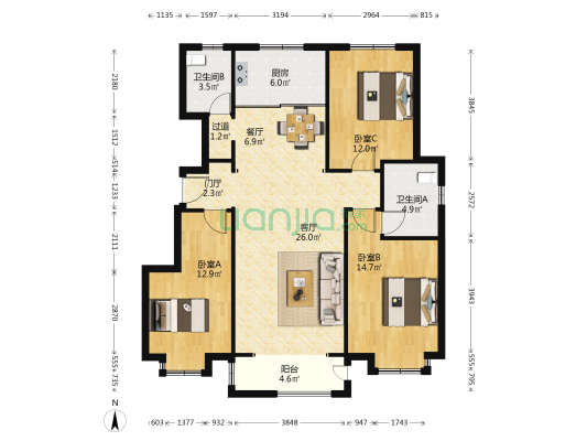 品悦江南 3室2厅2卫 120平方