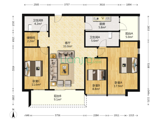 力迅领筑 3室1厅2卫 127平方