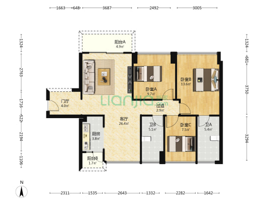 富荣花苑 3室1厅2卫 96平方