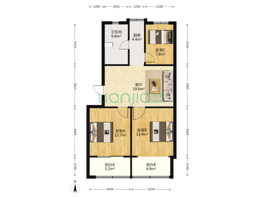 桂花公寓 3室1厅1卫 88平方