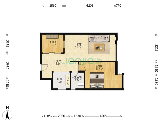 中天融域一期 2室2厅1卫 65平方