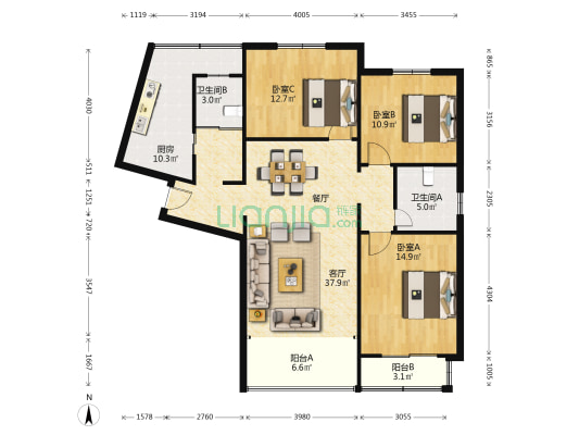 志豪公寓 3室1厅2卫 120平方