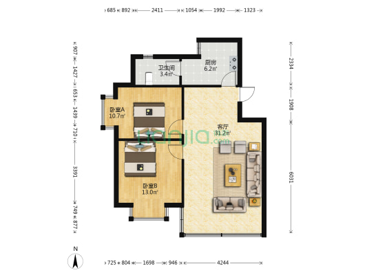 南石家园 2室1厅1卫 74平方