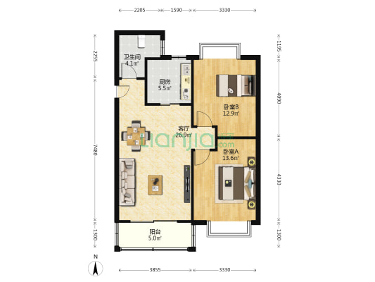 大院人家 2室1厅1卫 80平方