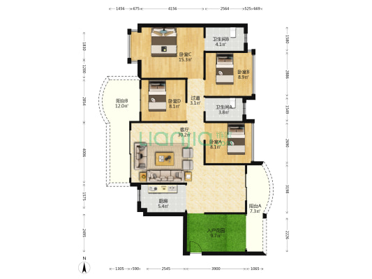 上河坊颐园 4室1厅2卫 125平方