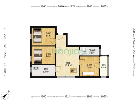 梨儿园小区BC栋 3室1厅1卫 69平方