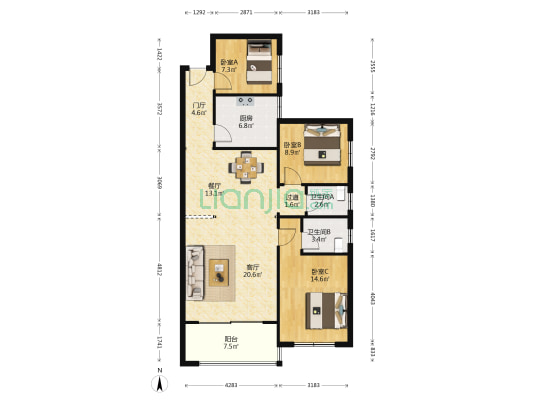 华盛花园 3室2厅2卫 109平方