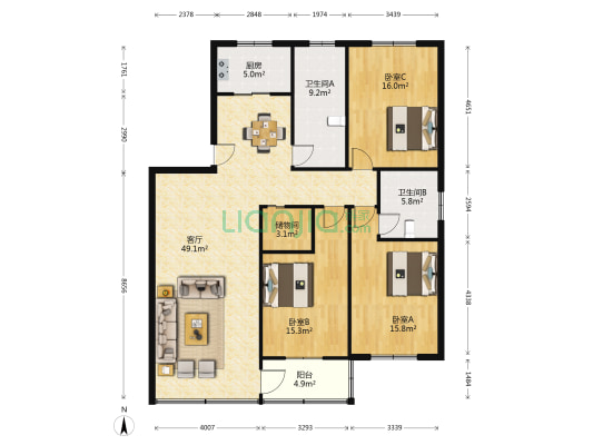 久利苑小区 3室1厅2卫 145平方