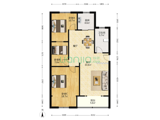 朱方路209号 3室1厅1卫 102平方