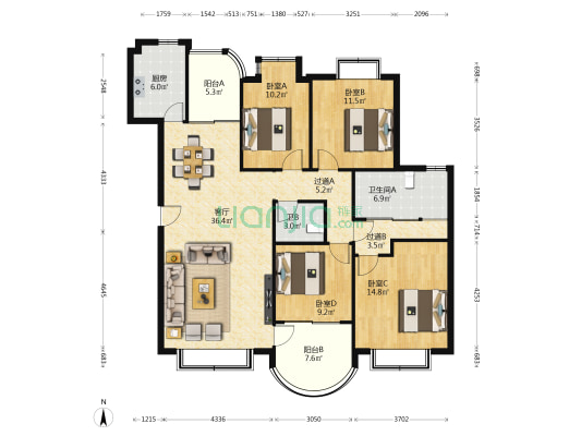 艾诗林根小区 4室1厅2卫 143平方