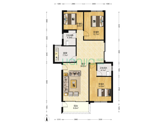 清远市城建规划居宿舍 3室1厅2卫 123平方