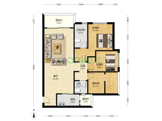 融佳华府 2室1厅2卫 104平方
