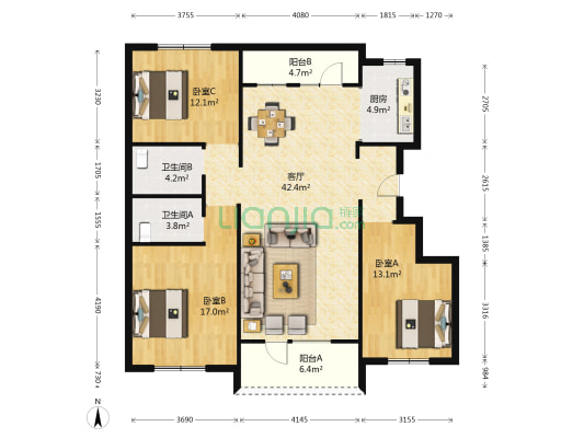 中航城两河流域一期 3室1厅2卫 126平方