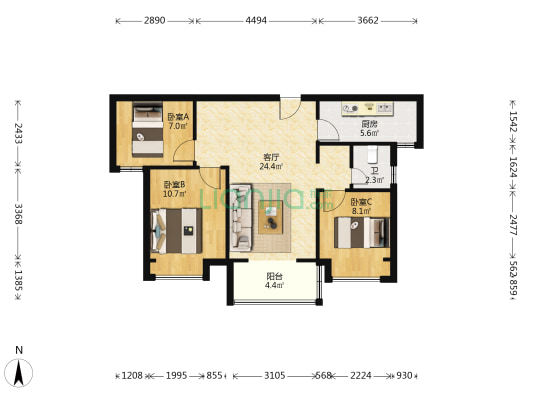 远洋风景 3室1厅1卫 88平方