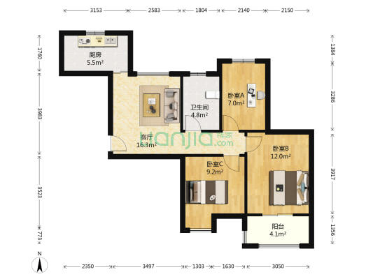 新凯城紫荆苑 3室1厅1卫 84平方