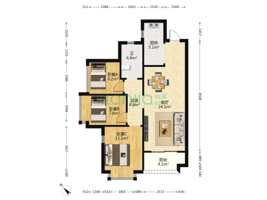 金地艺境天成 3室1厅1卫 85平方