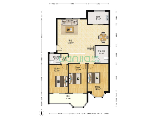 三发舜鑫苑东区 3室1厅2卫 136平方