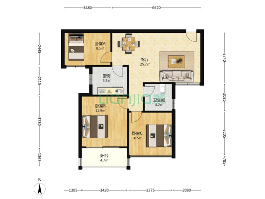 鑫远御文台2期 3室1厅1卫 93平方