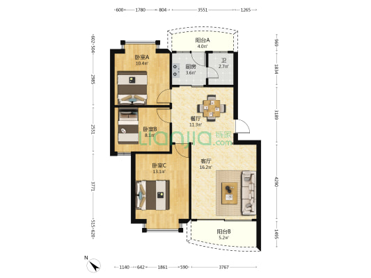 广厦花园 3室2厅1卫 86平方