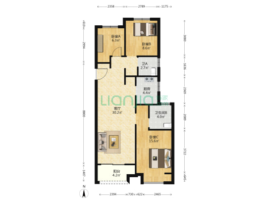 富田城九鼎公馆三号院 3室1厅2卫 108平方