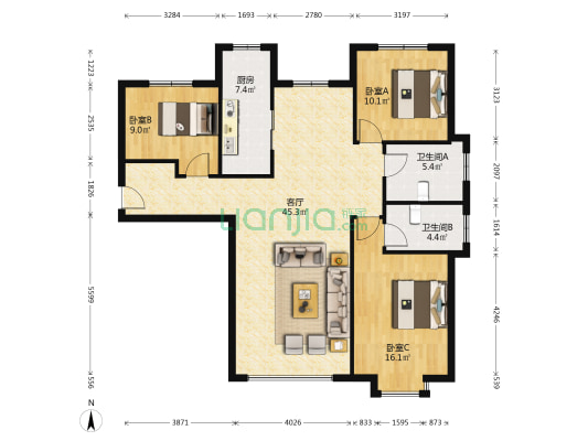 自住标准精装修，拎包入住，视野无遮挡，全天采光。-户型图