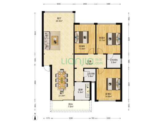 静安花园 3室2厅2卫 133平方