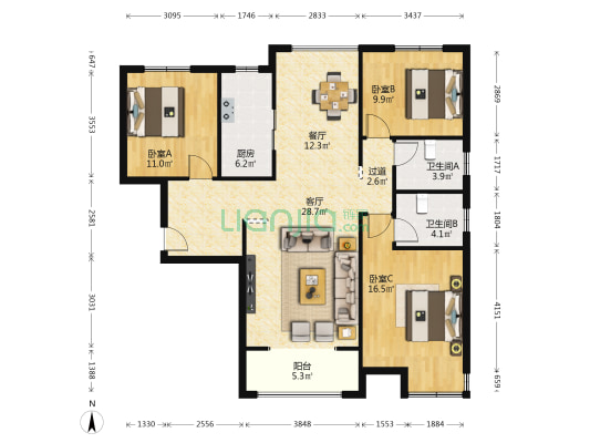 湖南名苑 3室2厅2卫 130平方