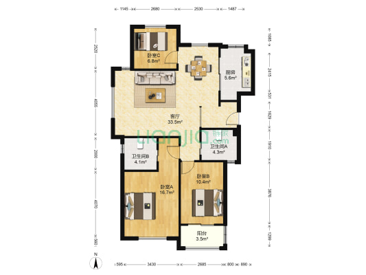 天鹅湾东区 3室1厅2卫 121平方