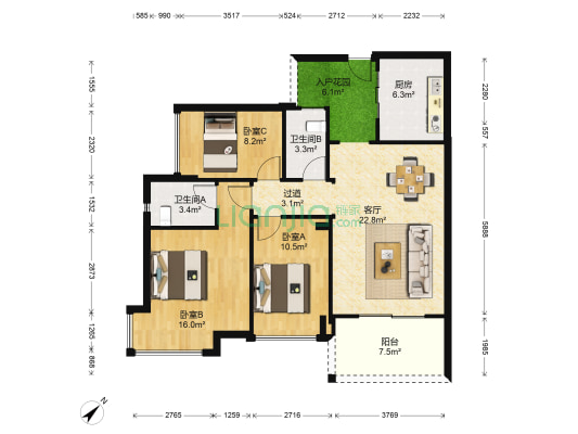 尚品雅居花荟 3室1厅2卫 100平方