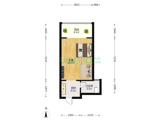 粤泰·滨江花园 1室0厅1卫 48平方