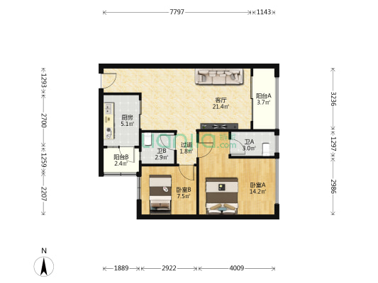 汇银公寓 2室1厅2卫 84平方