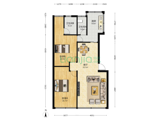 友谊路96号 2室1厅2卫 100平方