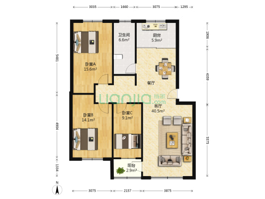 阳光花园 3室1厅1卫 117平方