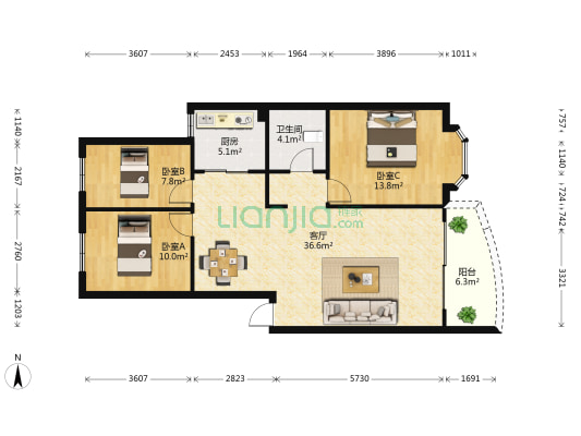 金马源温泉花园 3室1厅1卫 103平方
