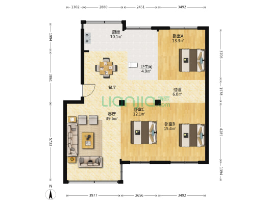 红叶一家园 3室1厅1卫 117平方