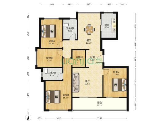亚厦金宸府 3室2厅2卫 139平方