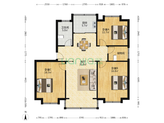元丰北区 3室1厅1卫 120平方