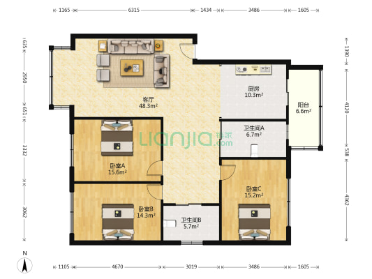 红旗花园 3室1厅2卫 152平方
