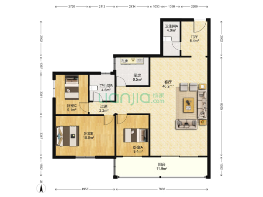 鑫雅苑 3室1厅2卫 156平方
