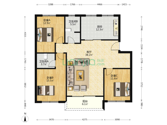安居家园 3室1厅2卫 123平方