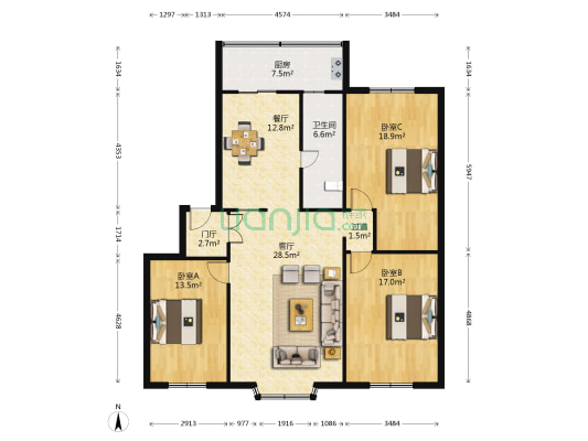 青年湖小区 3室2厅1卫 131平方